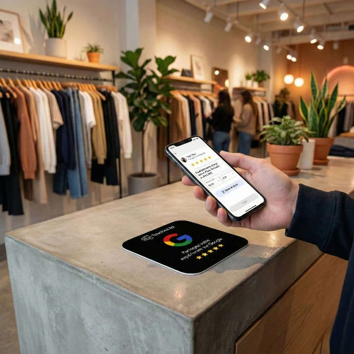 Plaque avis Google sans contact installée en boutique LYXIUM