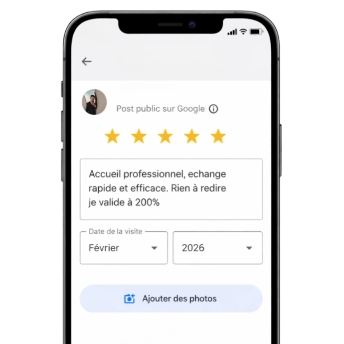Interface de dépôt d'avis Google simplifiée sur smartphone LYXIUM